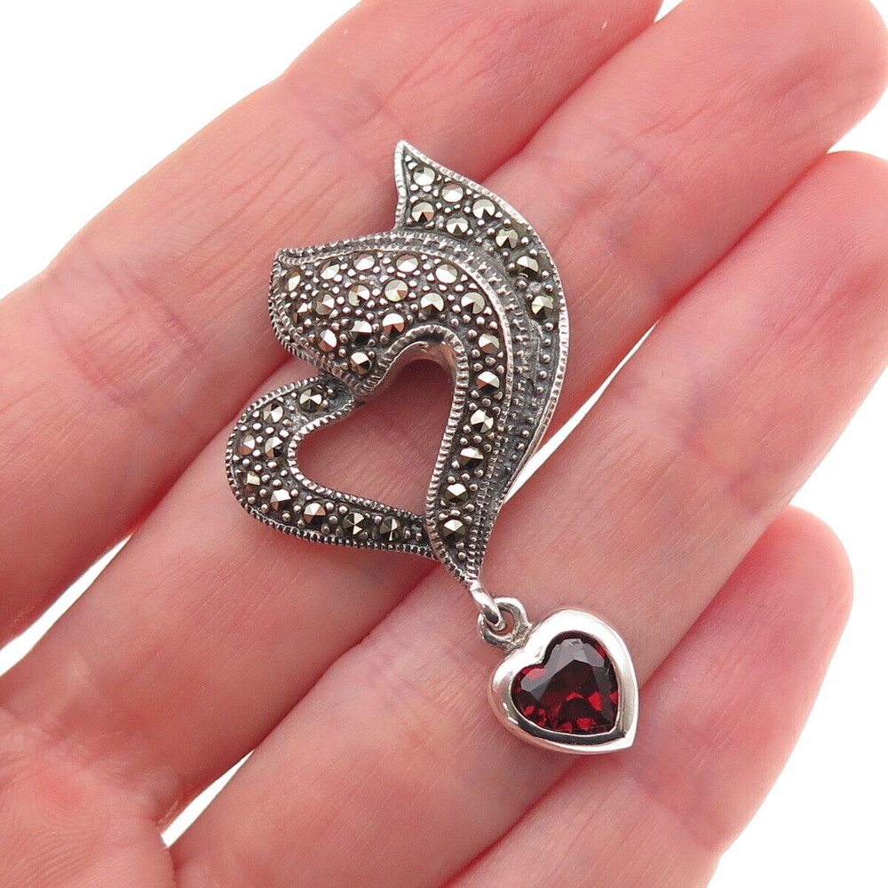 925 Sterling Silver Vintage Real Red Garnet & Marcasite Heart Slide Pendant